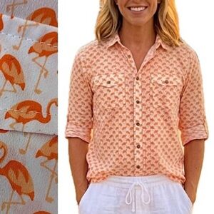 Jones New York Flamingo Bird Print Shirt Womens Petite Size Small Long Sleeve